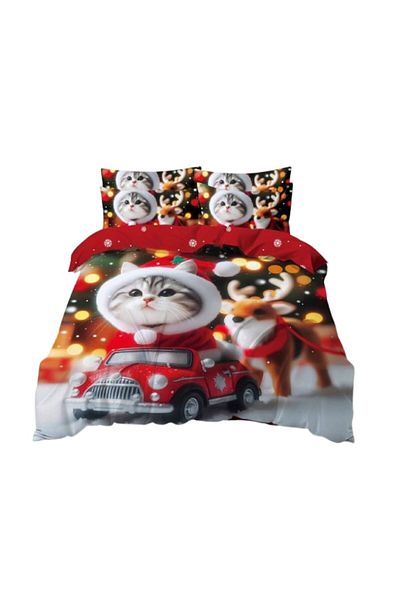 OEM Bed Linen Set, Christmas Festive Print, Cat Driver, 6 Pieces, 2 Persons, 240x250cm, Multicolor