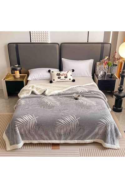 JOJO HOME Fleece Blanket Jojo Home, Double, 200x230cm, Fern Leaves Print, Grey