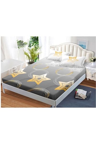 OEM Bed sheet, 2 people, 160x200 cm, golden star print, multicolor