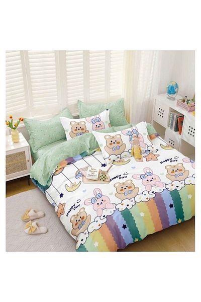 OEM Double Bed Linen, Satin Cotton, 4 Pieces, 2 Persons, 240x250cm, Rabbit Print, Multicolor