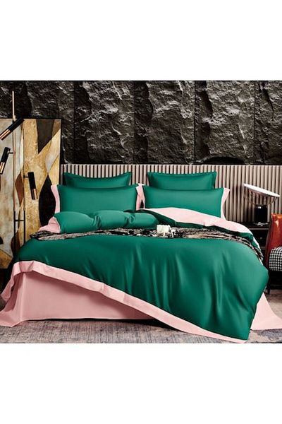 OEM Bed Linen, Bicolor, Silk Imitation, 2 Persons, 6 Pieces, 230x245cm, Emerald Green-Pink