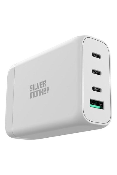 Silver Monkey Încărcător de perete GaN 130W cu cablu de alimentare 3xUSB-C PD USB-A QC 3.0, alb