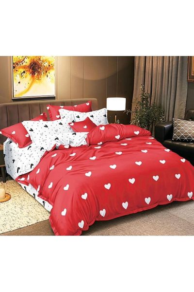 OEM Double Bedding Set, Satin Cotton, 4 Pieces, 2 People, 240x250cm, Heart Print, Red-White