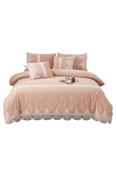 OEM Elegant Bedding Set, Fine Cotton Lace, 6 Pieces, 2 Persons, 180x200cm, Bicolor, White-Peach