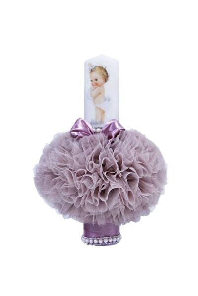 OEM Lumânare de botez, tul, prințesă bebelușă, 35x7cm, bej