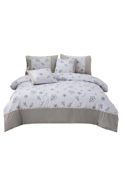 OEM Double bed linen, Floral print, 6 pieces, 2 persons, 180x200cm, Finet, Gray