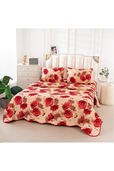 OEM Cuvertura de pat, Microfibra, 3 piese, 2 persoane, 220x240cm, Imprimeu Trandafiri, Bej-Rosu