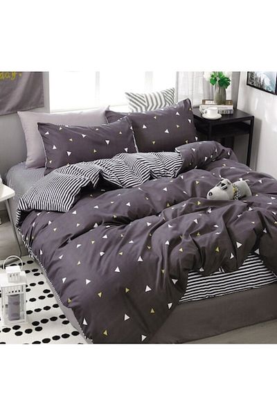 OEM Reversible Bed Linen Set, Elastic Sheet, Fine Triangles, 1 Person, 4 Pieces, 140x200cm, Dark Gray-Wh