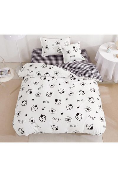 OEM Reversible Bed Linen, Elastic Fitted Sheet, Fine Cotton, Single, 4 Pieces, 140x200cm, Strawberries W