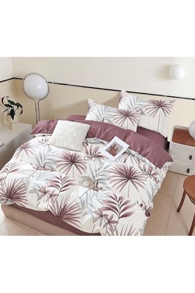 OEM Bed Linen Set, Palm Leaf Print, 4 Pieces, Single Person, 155x220cm, Finet Satin, White-Brown