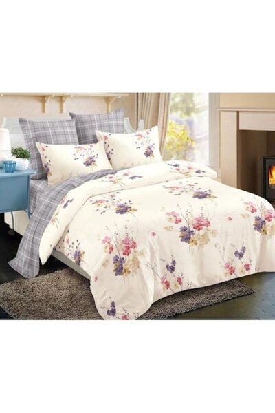 OEM Double Bed Sheet Set, Cotton, 6 Pieces, Mini Bouquet Print, 230x250cm, White Butter-Gray