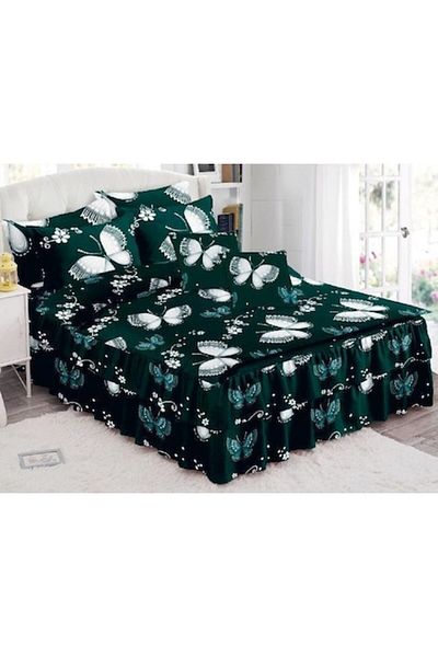 Pucioasa Double Bed Linen, Ruffled Sheet, Pucioasa, Finet, 6 Pieces, 2 Persons, Green Glass, 200x230cm