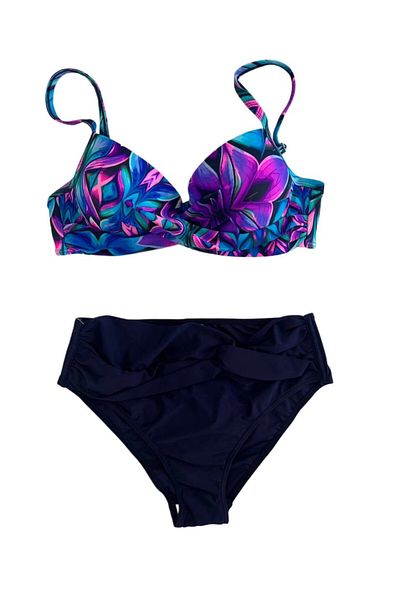 hazelin Women's Navy Blue Fuchsia Floral Patterned Lined Plus Size Bikini Set Hzl25S-Lc24108