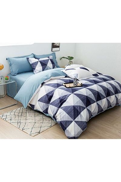 OEM Double Bed Linen with Two Faces, Geometric Shapes Print, 4 Pieces, 2 Persons, 180x200cm, Satin Cotto