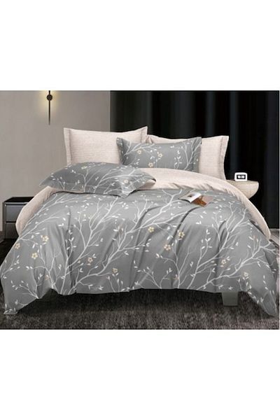 OEM Double bed linen set, 4 pieces, printed branches, 2 persons, 240x250cm, Satin Cotton, Grey
