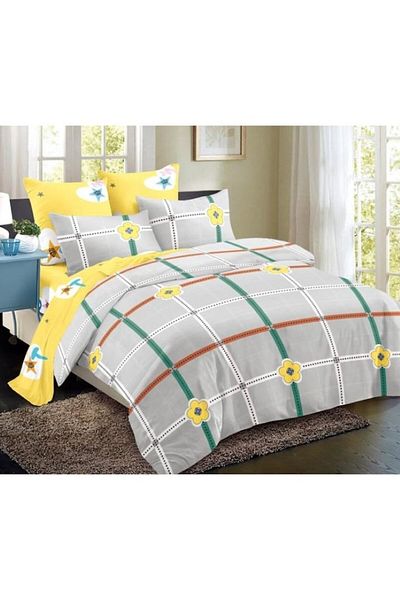 OEM Double bed linen, Cotton, 6 pieces, 2 persons, Flowers and Stripes print, 230x250cm, Grey-Yellow