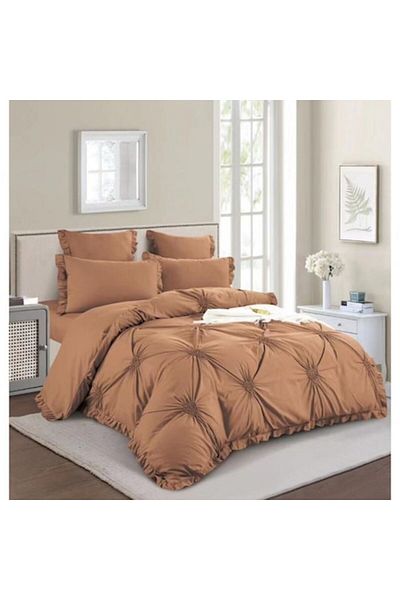 OEM Double Bed Linen, Uni, Embroidered Hearts Pattern, 6 pieces, Finet, 180X200cm, Brown