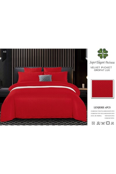 Pucioasa Lenjerie de pat dublu, Velvet Picket Grofat Lux, Pucioasa, 6 piese, 2 persoane, Uni, 245x250cm, Rosu