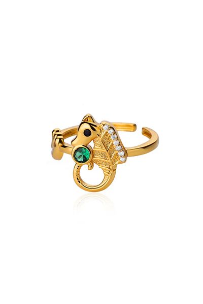 Eva Grace Astrid ring, gold, with zirconia, seahorse shape, stainless steel, adjustable