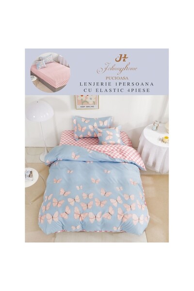 OEM Lenjerie de Pat, Reversibil, Cearsaf cu Elastic, Finet, 1 Persoana, 4 Piese, 140x200cm, Fluturi, Mul