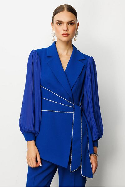 Moda İlgi Modailgi Sleeves Pleated Stripe Accessory Jacket Saks