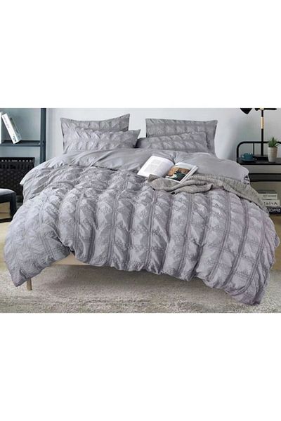 OEM Lenjerie de pat dublu, Sonia-Home, Finet, Uni, model Creponat, 6 piese, 2 persoane, 220x240cm, Gri D