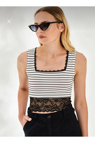 QBZ Lace Detail Striped Top Crop