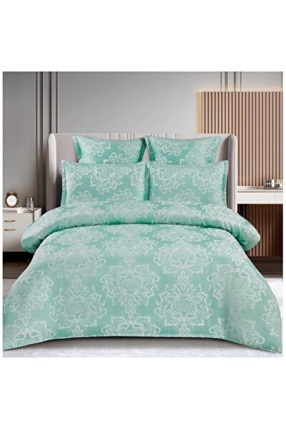 OEM Double Bed Linen Set, Elegant Model, Silk Imitation, 6 Pieces, Mint Green-White