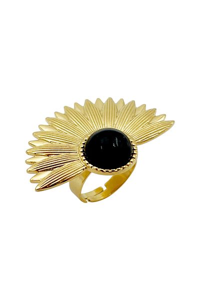 Eva Grace Delia ring, gold with black, stainless steel, fan-shaped, adjustable - Glamour Collection