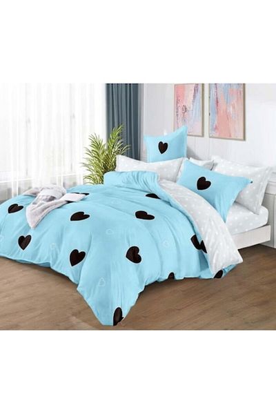OEM Double Bed Sheet, 6 Pieces, 2 Persons, 180x200cm, Finet Satin, Heart Print, Light Blue-Black