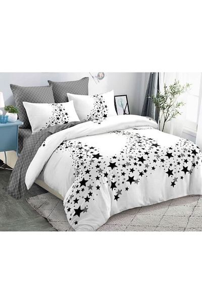 OEM Double Bed Linen, Spring, Finet, 6 Pieces, 2 People, Bicolor Star Print, 180x200cm, White-Gray