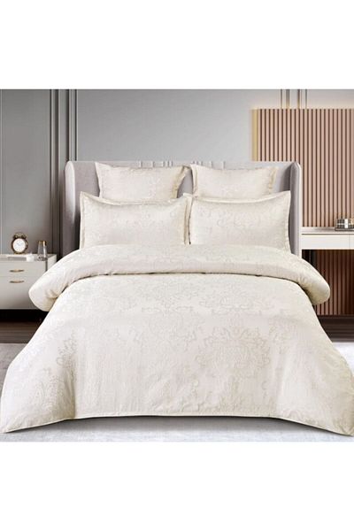 OEM Set de lenjerie de pat dublă, model elegant, imitație de mătase, 6 piese, 2 persoane, 180x200cm, alb crem