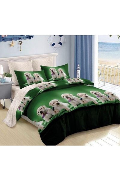 Pucioasa Double Bed Linen Set, Pucioasa, Finet, 6 Pieces, Two People, Puppies Print, 245x250cm, Green-Beige