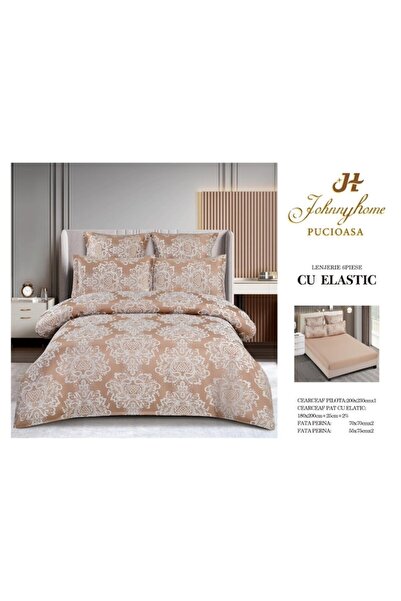 OEM Double Bed Linen, Elegant Design, Silk Imitation, 6 Pieces, 180x200cm, Beige-White