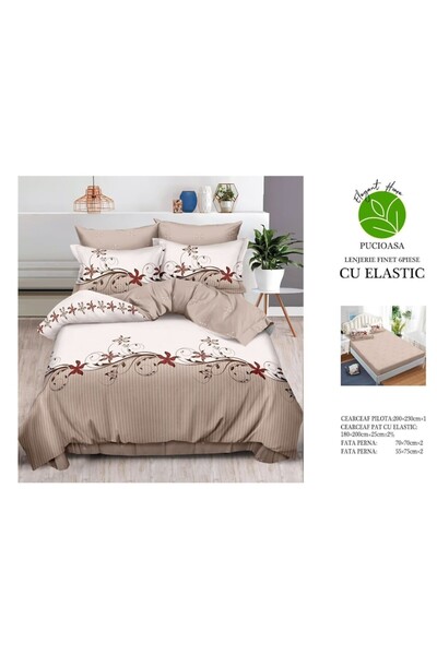OEM Finet bed linen set, with elastic, 6 pieces, cream with pattern, 180x200 cm