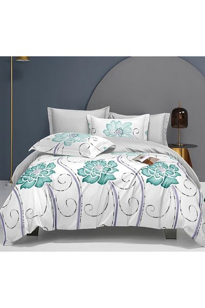 OEM Double bed linen with two sides, Floral turquoise print, 4 pieces, for 2 people, 180x200cm, Satin Co