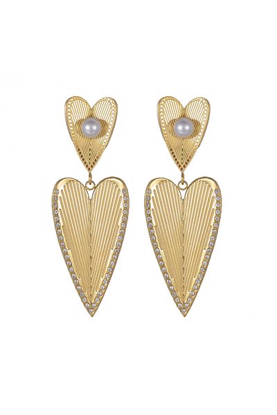 Eva Grace Jasselle earrings, gold, with zirconia and pearls, made of stainless steel, heart-shaped