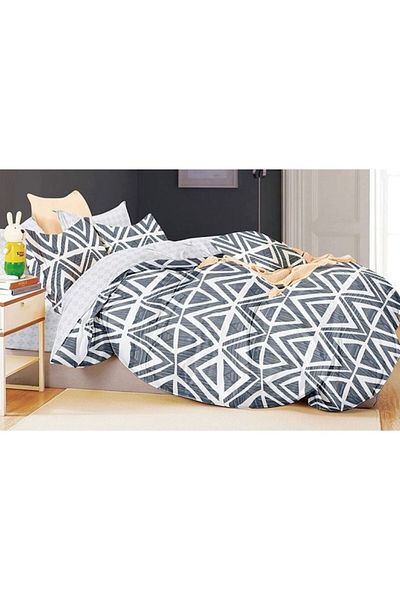 OEM Set de lenjerie de pat dublă cu imprimeu geometric, 4 piese, 180x200cm, satin de bumbac, alb-gri-albastru