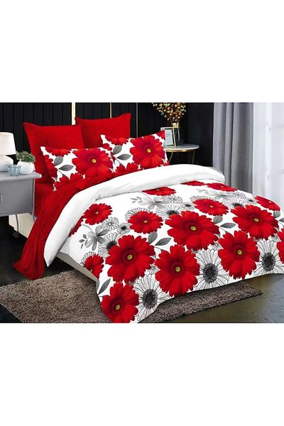 OEM Double Bed Linen Set, Spring, Finet, 6 Pieces, Chrysanthemum Print, 180x200cm, White-Red