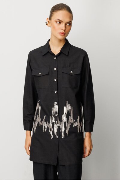 Moda İlgi Modailgi Cep Kapaklı Pul Nakış Detaylı Tunik Siyah