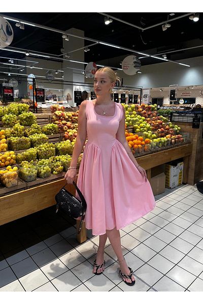 FİOXCO Fiona Pink Ribbon Detail Back Low Cut Corset Midi Length Flounced Princess Dress