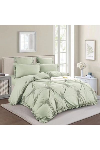 OEM Double Bed Linen Set, Uni, Embroidered Hearts Pattern, 6 Pieces, Finet Material, 180x200cm, Olive