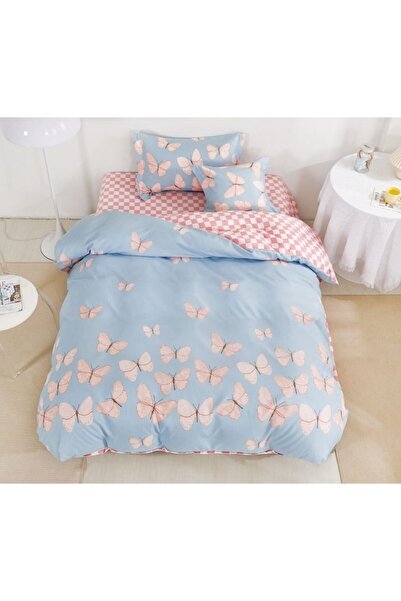 OEM Lenjerie de Pat, Reversibil, Cearsaf cu Elastic, Finet, 1 Persoana, 4 Piese, 140x200cm, Fluturi, Mul