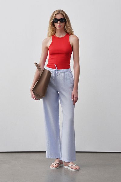 mathilda store Women's Blue Adjustable Waist Linen Palazzo Pants