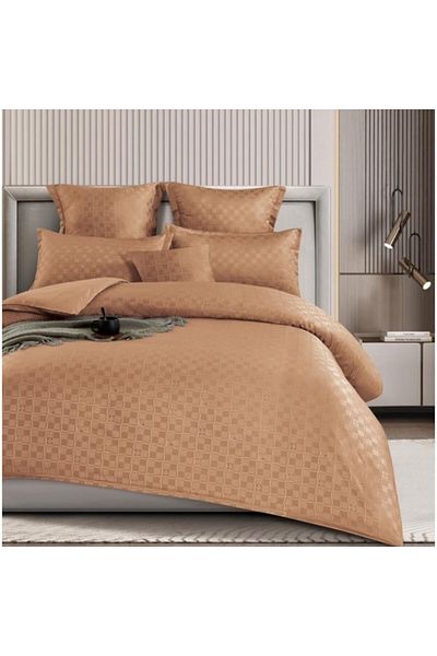 OEM Double Bedding Set, Checkered Pattern, Finet, 6 Pieces, 2 Persons, Light Brown, 180x200cm