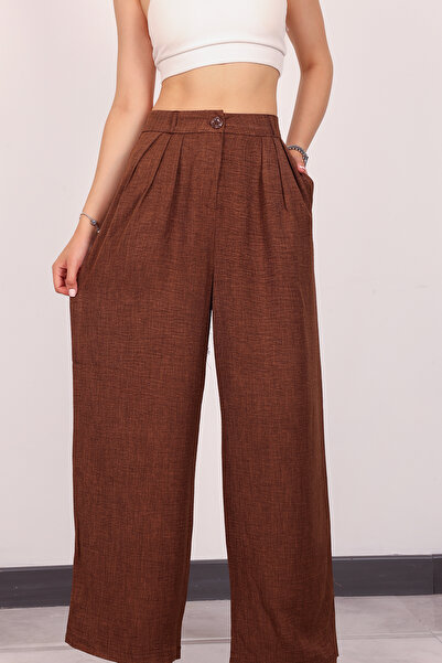 polle Pantaloni Palazzo din in, maro, plisați, cu talie înaltă, pentru femei
