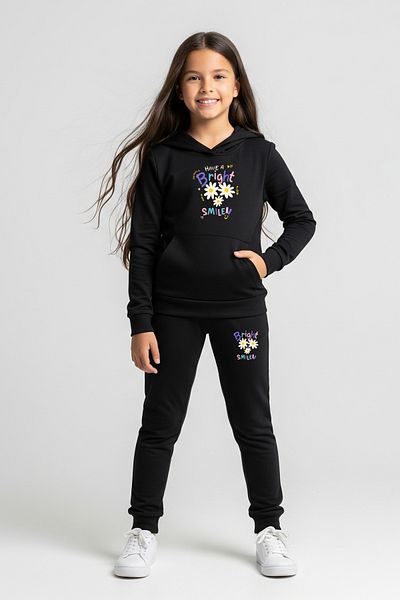 FYK KİDS 3-Piece Hooded Kangaroo Pocket Printed Girl's Tracksuit Set
