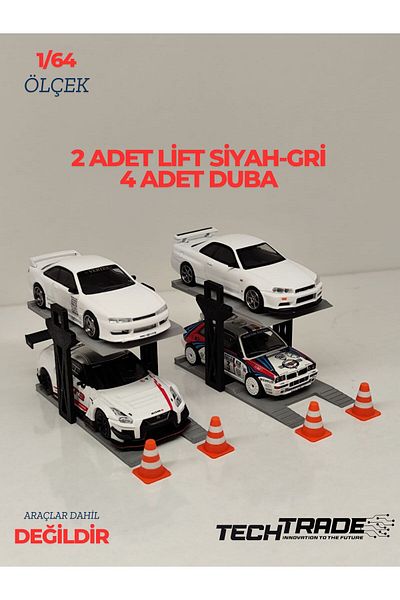 Tech Trade 1/64 Scale Diorama 2 Vehicle Lift 2Pcs Black-Gray + 4Pcs Pontoon