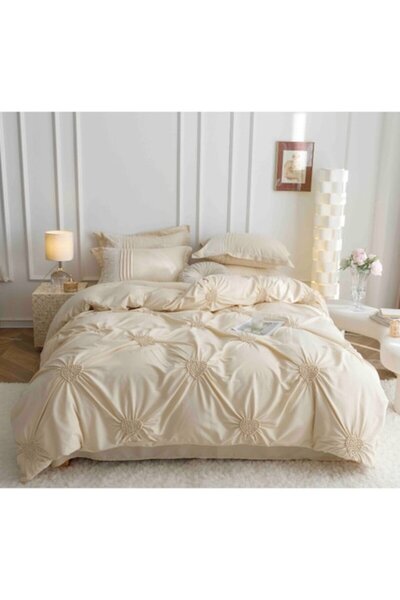JOJO HOME Double Bed Linen, Jojo Home, Uni, Embroidered Hearts, 6 Pieces, Finet, 230x250cm, Off White