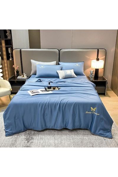 OEM Set de lenjerie de pat dublă cu pilotă de vară, Uni, 4 piese, 2 persoane, 245x250cm, mătase, albastru deschis